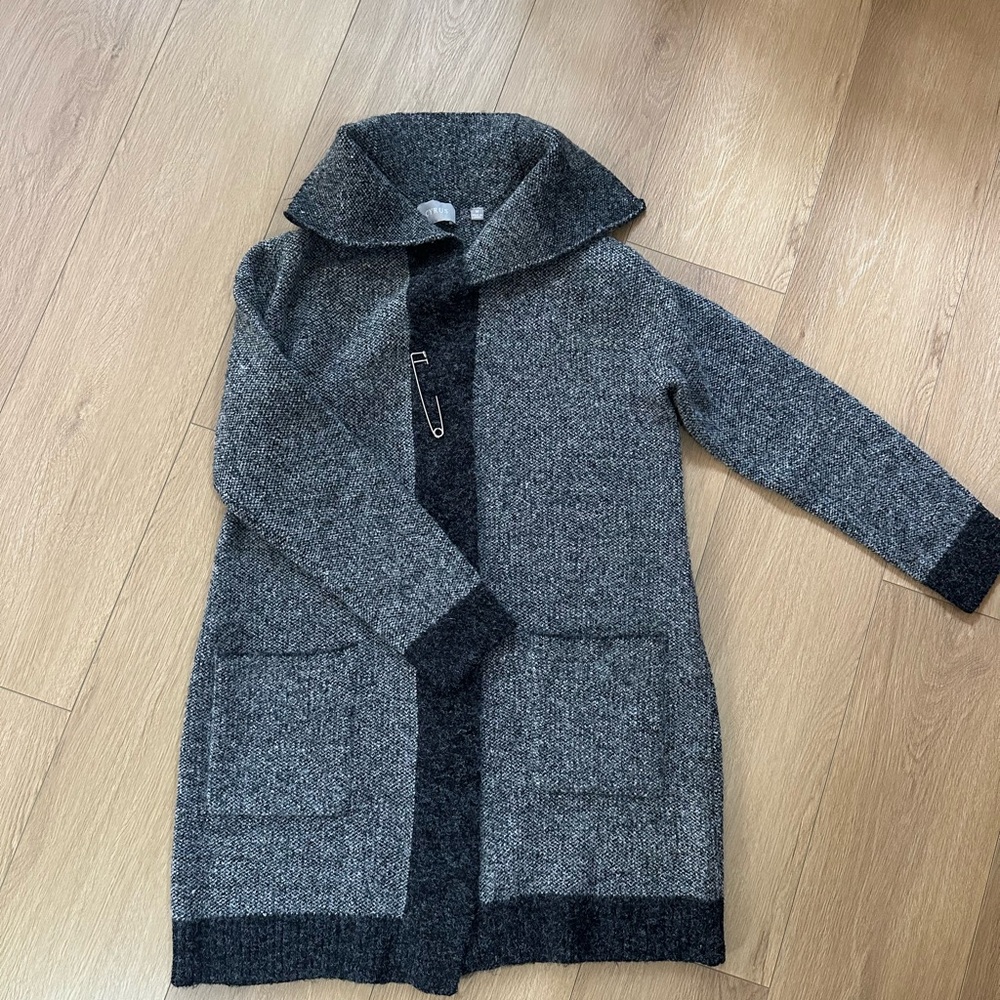 Cyrus Gray Wool Blend Cardigan with safety pin clasp